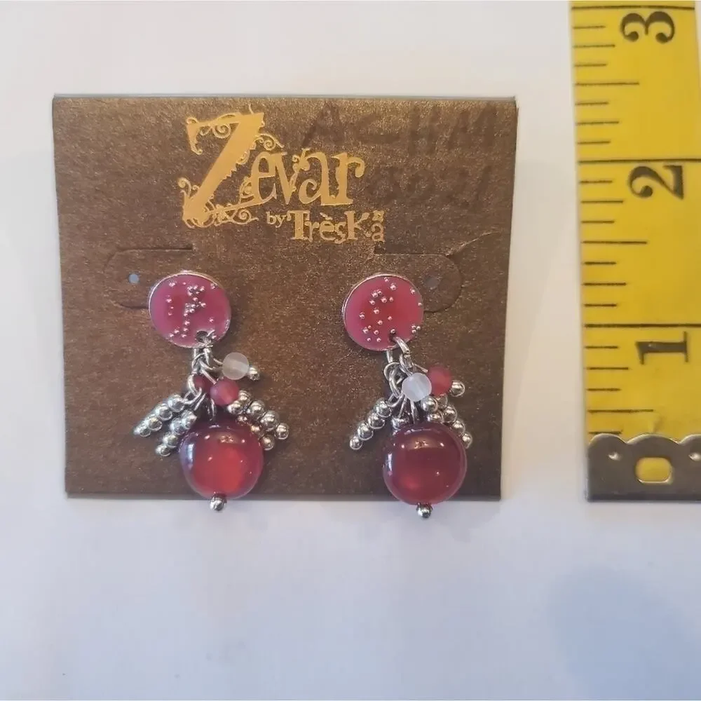 Treska beaded dangle drop charm silver dark pink‎ post earrings